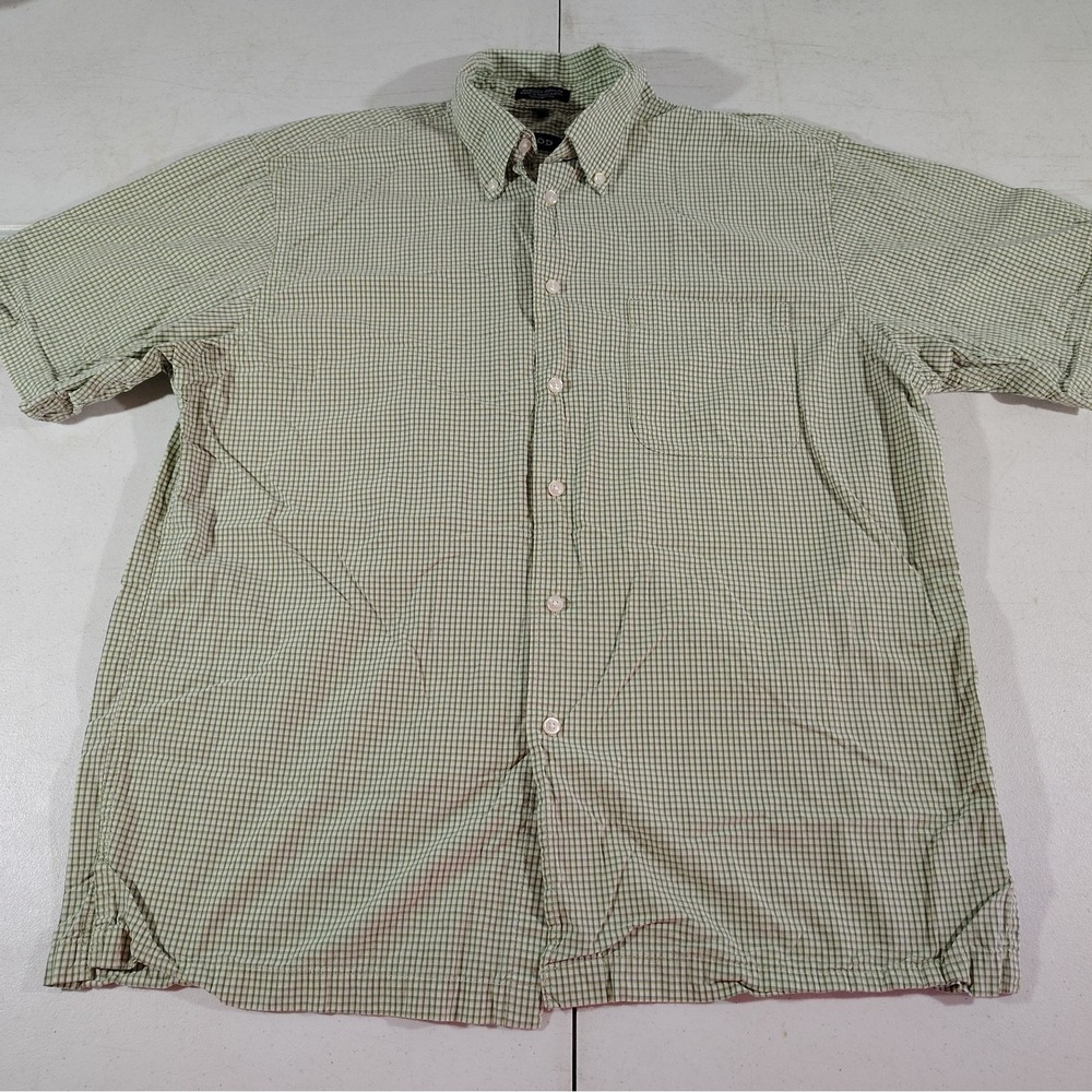 Izod Shirt Men L Green Plaid Office Work Dad Nerd College Poplin Short Sleeve